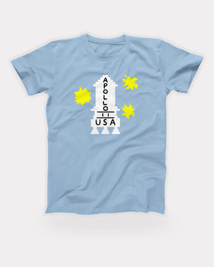 Apollo 11 Sweater T-Shirt in Baby Blue, flat lay on grey