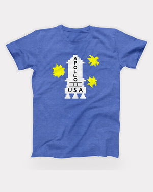 Apollo 11 Sweater T-Shirt in Heather Columbia Blue, flat lay on grey