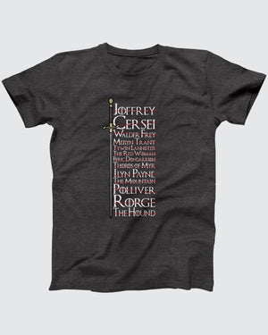 Arya's Kill List T-Shirt, flat lay on grey