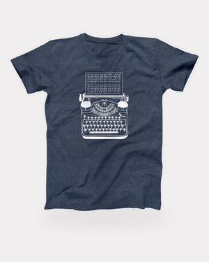 All Work and No Play T-Shirt in Heather Navy, flat lay on grey