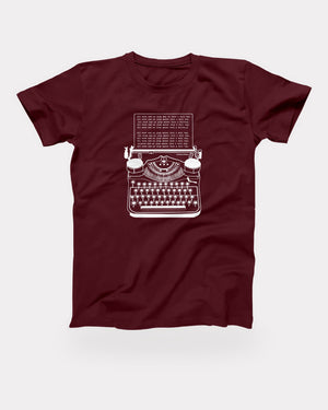 All Work and No Play T-Shirt in Maroon, flat lay on grey