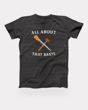 All About That Baste T-Shirt in Dark Grey Heather, flat lay on grey