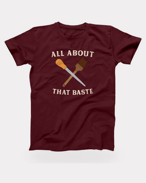 All About That Baste T-Shirt in Maroon, flat lay on grey