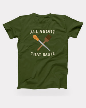 All About That Baste T-Shirt in Olive, flat lay on grey