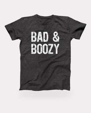 Bad & Boozy T-Shirt in Dark Grey Heather, flat lay on grey