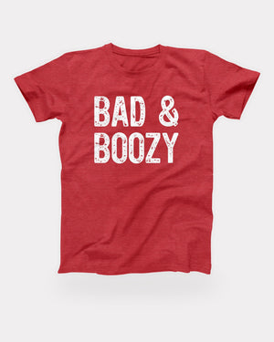 Bad & Boozy T-Shirt in Heather Red, flat lay on grey