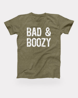 Bad & Boozy T-Shirt in Heather Olive, flat lay on grey