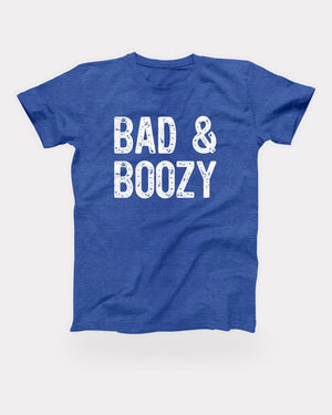 Bad & Boozy T-Shirt in Heather True Royal, flat lay on grey