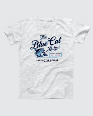 Blue Cat Lodge T-Shirt, flat lay on grey