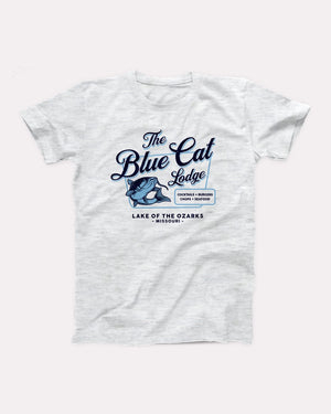 Blue Cat Lodge T-Shirt, flat lay on grey