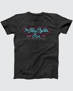 Blue Oyster Bar T-Shirt, flat lay on grey