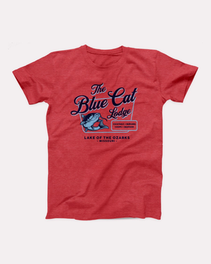 Blue Cat Lodge T-Shirt, flat lay, Heather Red