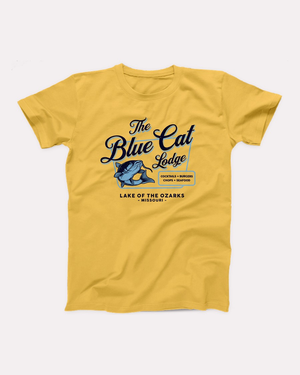 Blue Cat Lodge T-Shirt, flat lay, Maize Yellow
