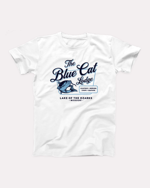 Blue Cat Lodge T-Shirt, flat lay, White