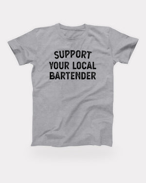 Support Your Local Bartender T-Shirt in Athletic Heather, flat lay on grey