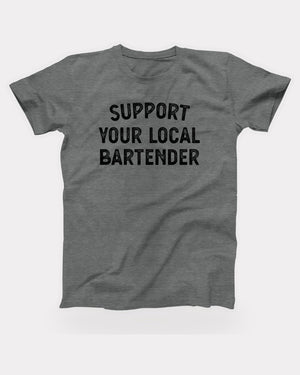 Support Your Local Bartender T-Shirt in Deep Heather, flat lay on grey