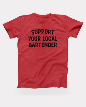 Support Your Local Bartender T-Shirt in Heather Red, flat lay on grey