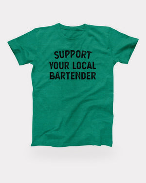 Support Your Local Bartender T-Shirt in Heather Kelly, flat lay on grey
