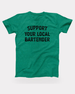 Support Your Local Bartender T-Shirt in Heather Kelly, flat lay on grey