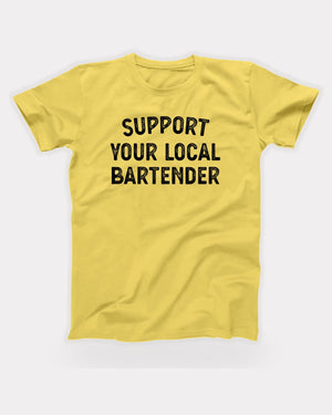 Support Your Local Bartender T-Shirt in Maize Yellow, flat lay on grey