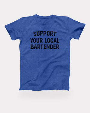 Support Your Local Bartender T-Shirt in Heather True Royal, flat lay on grey
