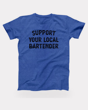 Support Your Local Bartender T-Shirt in Heather True Royal, flat lay on grey