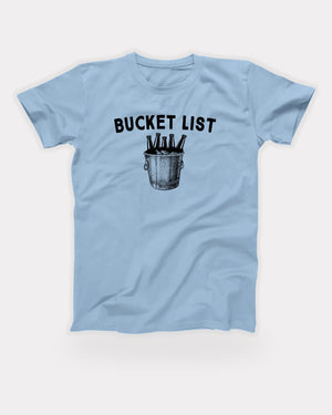 Bucket List T-Shirt in Baby Blue, flat lay on grey