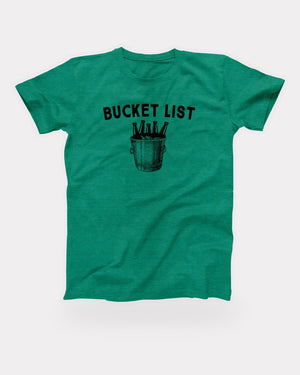 Bucket List T-Shirt in Heather Kelly, flat lay on grey