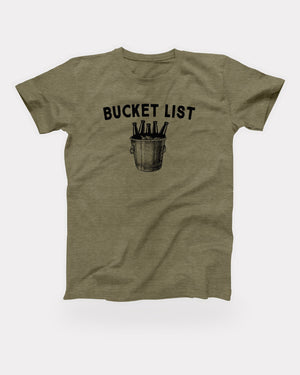 Bucket List T-Shirt in Heather Olive, flat lay on grey