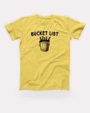 Bucket List T-Shirt in Maize Yellow, flat lay on grey