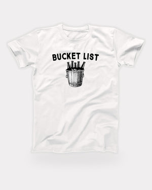 Bucket List T-Shirt in White, flat lay on grey