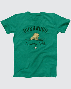 Bushwood Country Club t-shirt in Heather Kelly, flat lay on grey