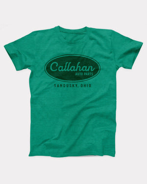 Callahan Auto Parts T-Shirt, flat lay on grey