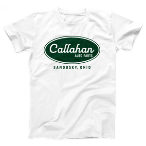 Callahan Auto Parts T-Shirt, flat lay, White