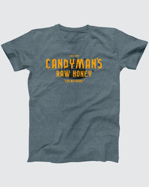 Candyman's Raw Honey T-Shirt, flat lay on grey