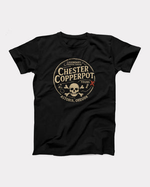 Chester Copperpot Treasure Hunter Tours T-Shirt, flat lay on grey