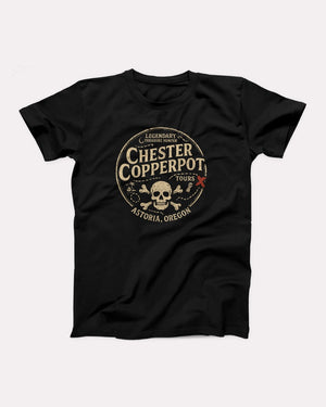 Chester Copperpot Treasure Hunter Tours T-Shirt, flat lay on grey