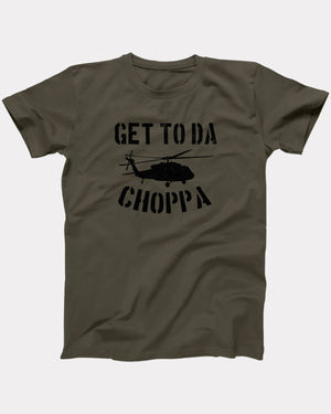 Get To Da Choppa T-Shirt, flat lay on grey