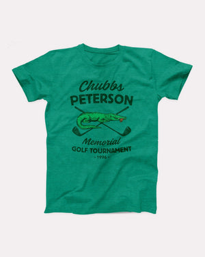 Chubbs Peterson Memorial Golf Tournament T-Shirt, flat lay on grey