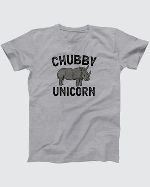 Chubby Unicorn t-shirt in Athletic Heather, flat lay on grey