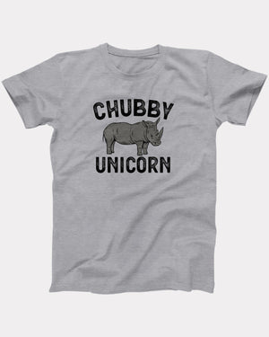 Chubby Unicorn t-shirt in Athletic Heather, flat lay on grey