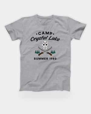 Camp Crystal Lake T-Shirt in Athletic Heather, flat lay on grey