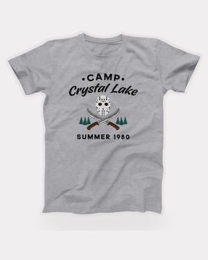 Camp Crystal Lake T-Shirt in Athletic Heather, flat lay on grey