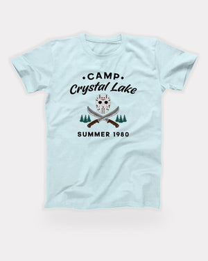 Camp Crystal Lake T-Shirt in Heather Ice Blue, flat lay on grey