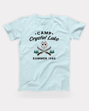 Camp Crystal Lake T-Shirt in Heather Ice Blue, flat lay on grey