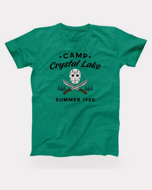 Camp Crystal Lake T-Shirt in Heather Kelly, flat lay on grey