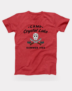 Camp Crystal Lake T-Shirt in Heather Red, flat lay on grey