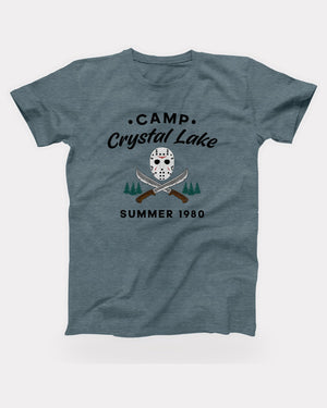 Camp Crystal Lake T-Shirt in Heather Slate, flat lay on grey