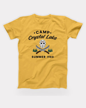 Camp Crystal Lake T-Shirt in Maize Yellow, flat lay on grey