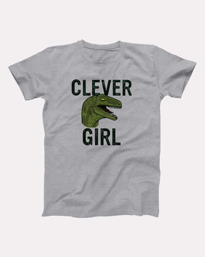 Clever Girl t-shirt in Athletic Heather, flat lay on grey